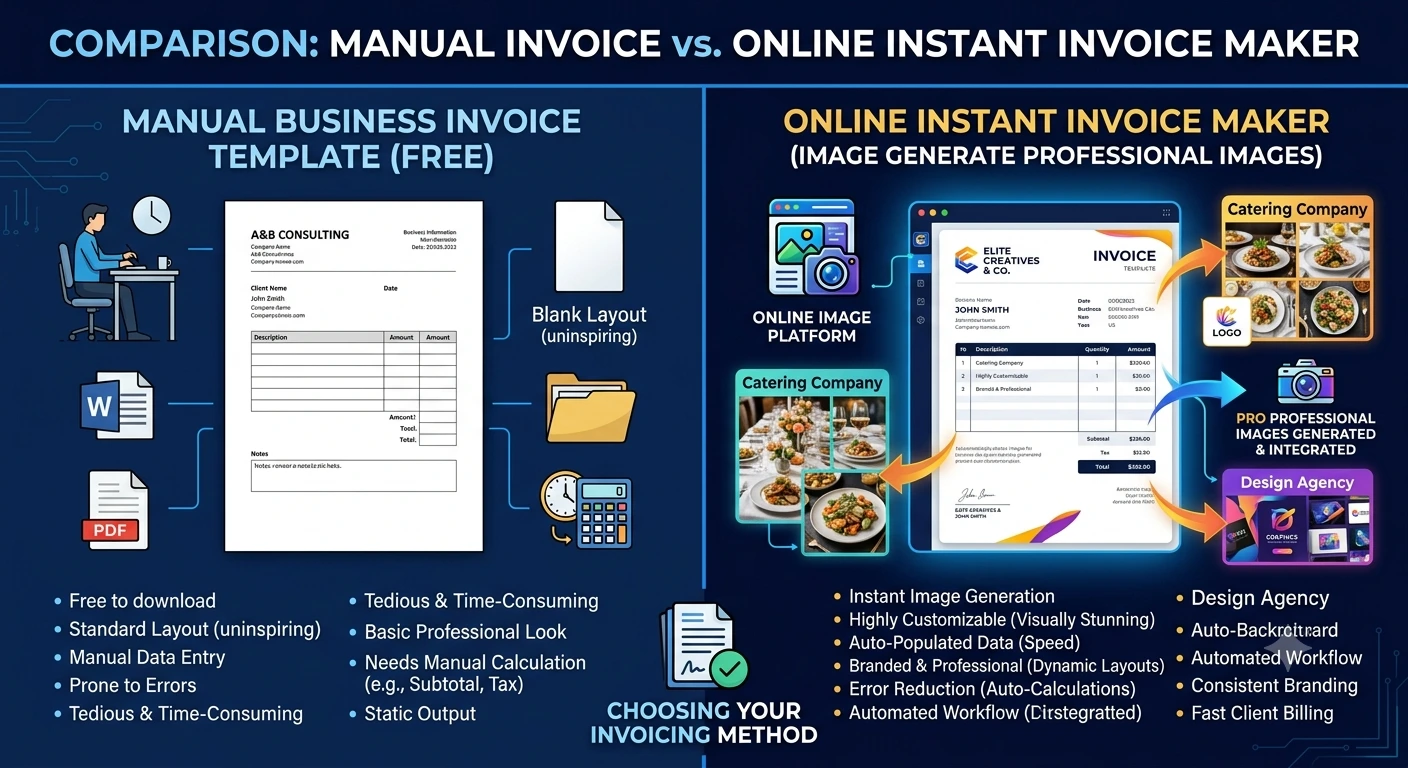 Comparison of manual business invoice template free versus online instant invoice maker