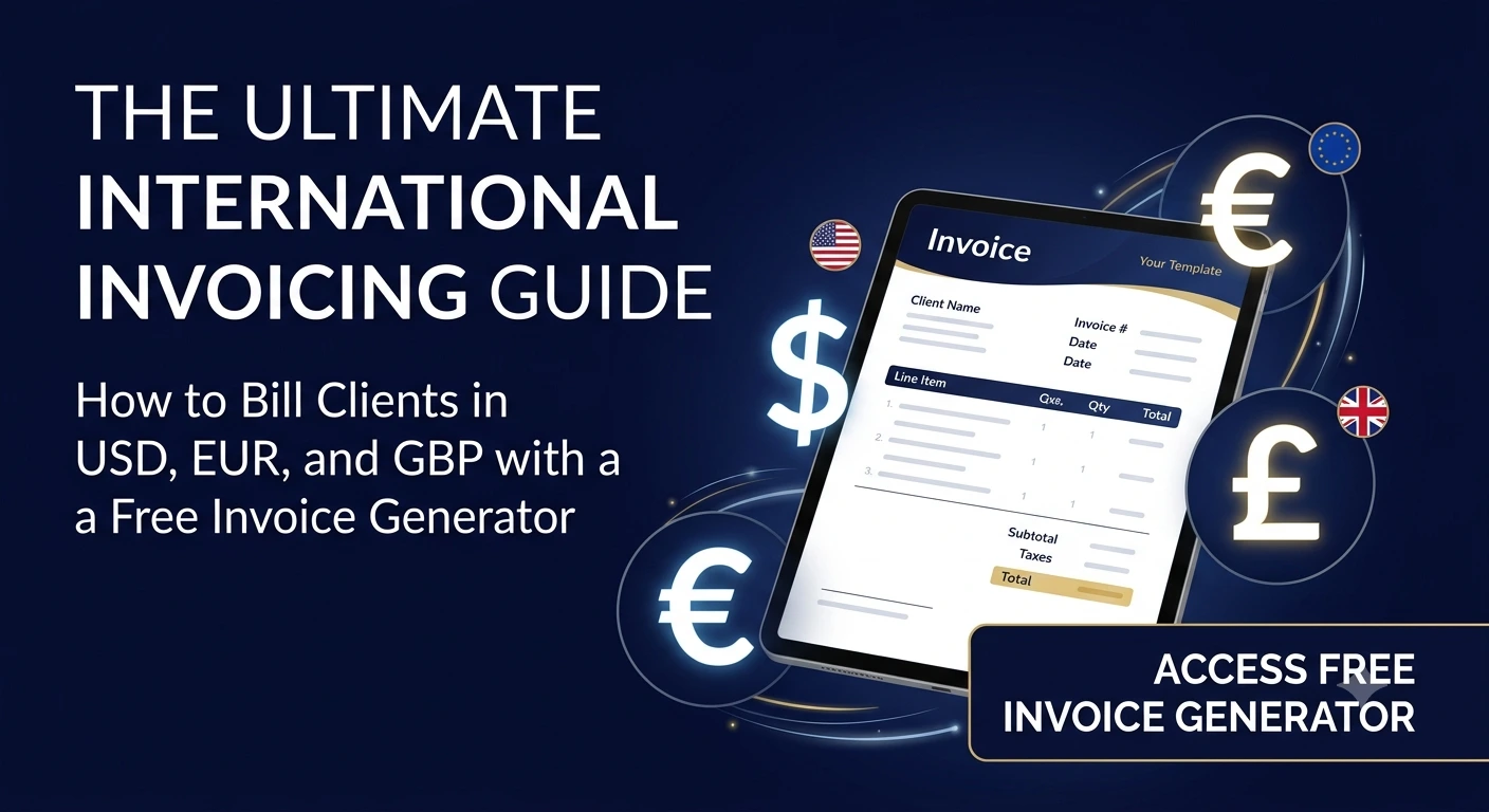 Free invoice generator interface displaying global currencies like USD, EUR, and GBP