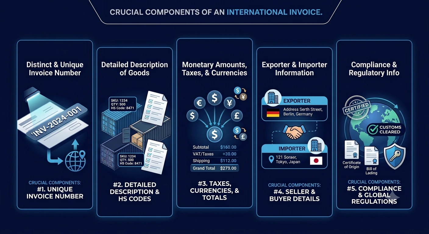 Infographic explaining international banking details needed for a free invoice creator website