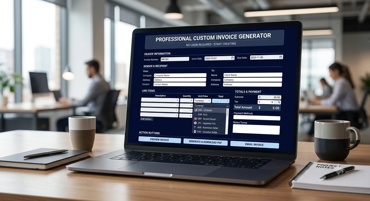 Professional custom invoice generator no login displaying international currency fields