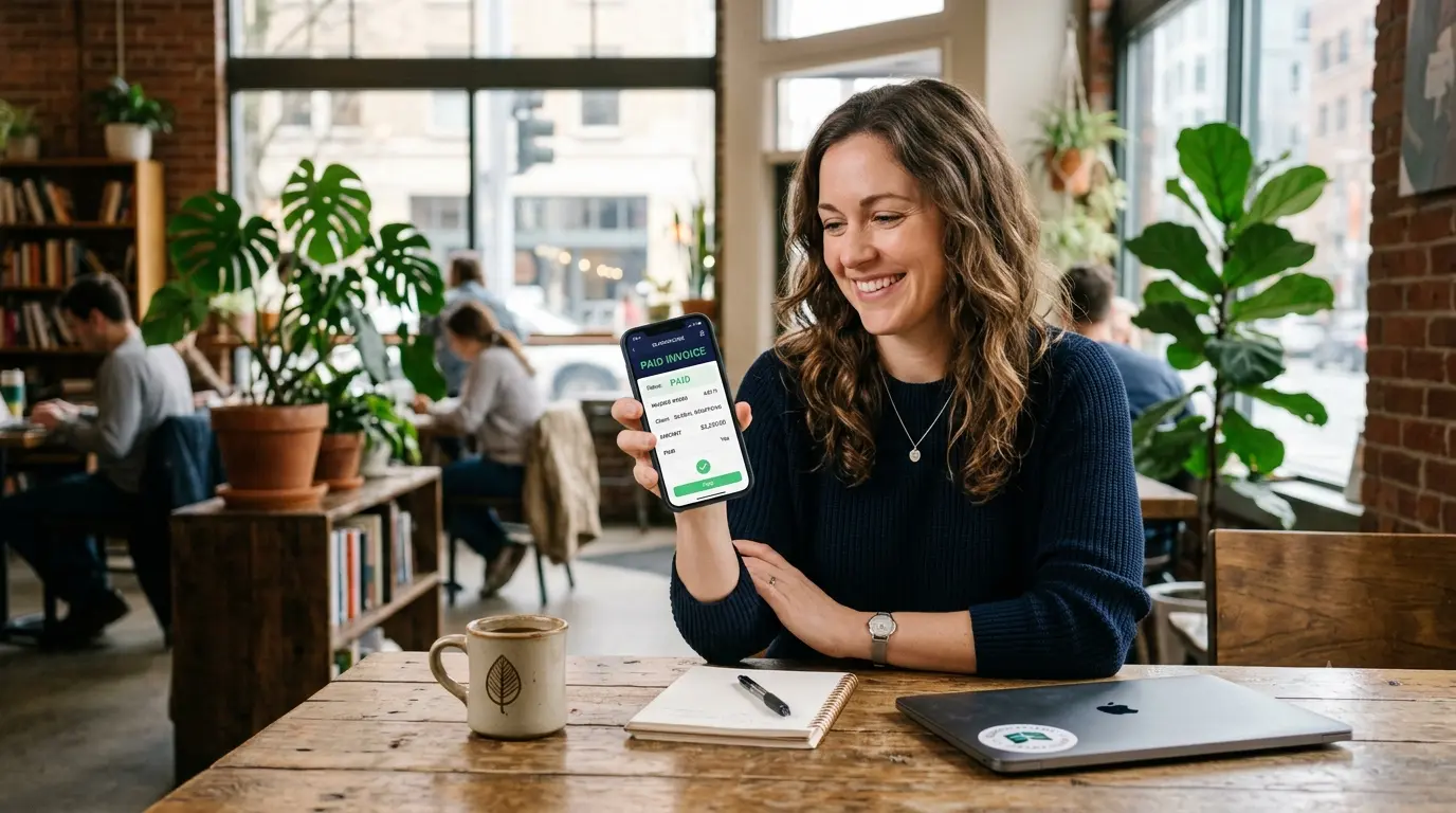 Stress-free independent contractor checking paid invoice status on a phone